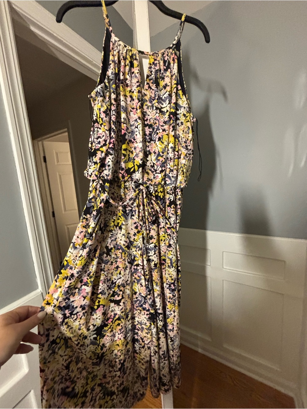 London Times Floral Jumpsuit in Pink, Yellow & Navy